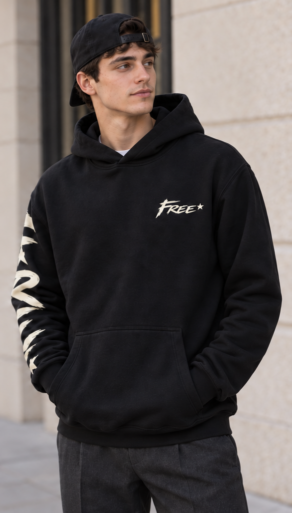 Sweat noir à capuche FREE vu de face, avec petit lettrage clair et étoile sur la poitrine, motif sur la manche droite et poche kangourou.